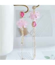 Romantic Flowers Asymmetric Design Tassel Shoulder-duster Women Fashion Earrings - Pink