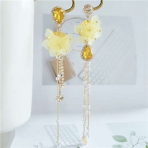Romantic Flowers Asymmetric Design Tassel Shoulder-duster Women Fashion Earrings - Yellow