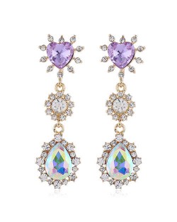Unique Purple Heart and Waterdrop Pendant Combo Design Shining Rhinestone Tassel Shoulder-duster Earrings 