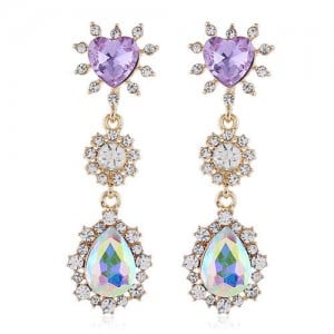 Unique Purple Heart and Waterdrop Pendant Combo Design Shining Rhinestone Tassel Shoulder-duster Earrings 