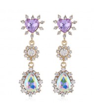 Unique Purple Heart and Waterdrop Pendant Combo Design Shining Rhinestone Tassel Shoulder-duster Earrings