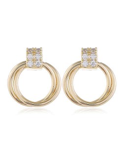 Rhinestone Inlaid Small Hoop Golden Copper Women Costume Earrings
