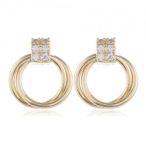 Rhinestone Inlaid Small Hoop Golden Copper Women Costume Earrings