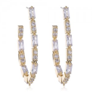 Rhinestone Inlaid Delicate Design High Fashion Women Hoop Copper Earrings