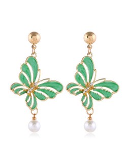 Enamel Hollow Butterfly Graceful Pearl Design Korean Fashion Women Alloy Earrings - Green