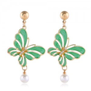 Enamel Hollow Butterfly Graceful Pearl Design Korean Fashion Women Alloy Earrings - Green