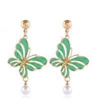 Enamel Hollow Butterfly Graceful Pearl Design Korean Fashion Women Alloy Earrings - Green