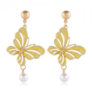 Enamel Hollow Butterfly Graceful Pearl Design Korean Fashion Women Alloy Earrings - Yellow
