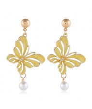 Enamel Hollow Butterfly Graceful Pearl Design Korean Fashion Women Alloy Earrings - Yellow