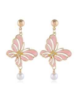 Enamel Hollow Butterfly Graceful Pearl Design Korean Fashion Women Alloy Earrings - Pink