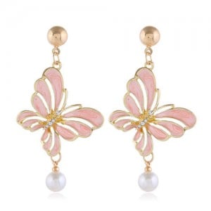 Enamel Hollow Butterfly Graceful Pearl Design Korean Fashion Women Alloy Earrings - Pink