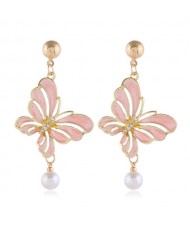 Enamel Hollow Butterfly Graceful Pearl Design Korean Fashion Women Alloy Earrings - Pink