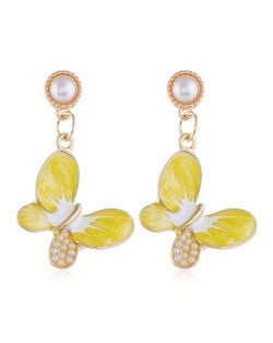 Pearl Embellished Oil-spot Glazed Elegant Butterfly Unique Fashion Women Alloy Earrings - Yellow