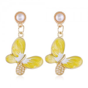 Pearl Embellished Oil-spot Glazed Elegant Butterfly Unique Fashion Women Alloy Earrings - Yellow