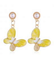 Pearl Embellished Oil-spot Glazed Elegant Butterfly Unique Fashion Women Alloy Earrings - Yellow