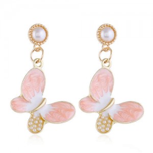 Pearl Embellished Oil-spot Glazed Elegant Butterfly Unique Fashion Women Alloy Earrings - Pink