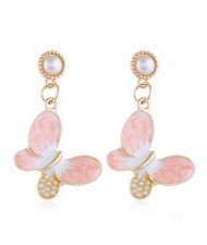 Pearl Embellished Oil-spot Glazed Elegant Butterfly Unique Fashion Women Alloy Earrings - Pink