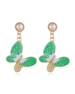 Pearl Embellished Oil-spot Glazed Elegant Butterfly Unique Fashion Women Alloy Earrings - Green