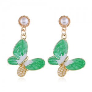 Pearl Embellished Oil-spot Glazed Elegant Butterfly Unique Fashion Women Alloy Earrings - Green