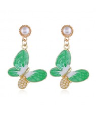 Pearl Embellished Oil-spot Glazed Elegant Butterfly Unique Fashion Women Alloy Earrings - Green