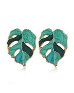 Enamel Mixed Colors Hollow Leaves Style High Fashion Women Stud Earrings - Green
