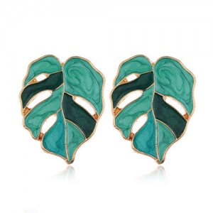 Enamel Mixed Colors Hollow Leaves Style High Fashion Women Stud Earrings - Green