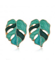 Enamel Mixed Colors Hollow Leaves Style High Fashion Women Stud Earrings - Green
