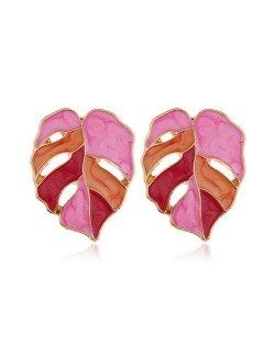 Enamel Mixed Colors Hollow Leaves Style High Fashion Women Stud Earrings - Red