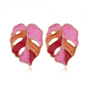 Enamel Mixed Colors Hollow Leaves Style High Fashion Women Stud Earrings - Red