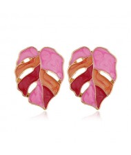 Enamel Mixed Colors Hollow Leaves Style High Fashion Women Stud Earrings - Red