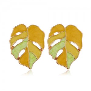 Enamel Mixed Colors Hollow Leaves Style High Fashion Women Stud Earrings - Yellow