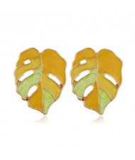 Enamel Mixed Colors Hollow Leaves Style High Fashion Women Stud Earrings - Yellow