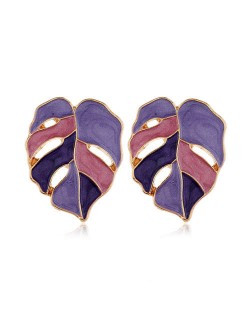 Enamel Mixed Colors Hollow Leaves Style High Fashion Women Stud Earrings - Purple