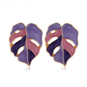 Enamel Mixed Colors Hollow Leaves Style High Fashion Women Stud Earrings - Purple