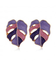 Enamel Mixed Colors Hollow Leaves Style High Fashion Women Stud Earrings - Purple