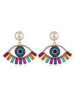 Rhinestone Embellished Hollow Eye Design Pearl Fashion Women Stud Earrings - Multicolor