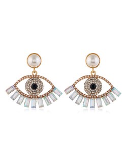 Rhinestone Embellished Hollow Eye Design Pearl Fashion Women Stud Earrings - White