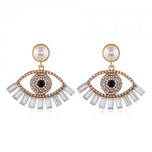 Rhinestone Embellished Hollow Eye Design Pearl Fashion Women Stud Earrings - White