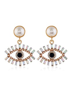 Rhinestone Fashion Eye Design Pendant Pearl Style Women Alloy Stud Earrings - White