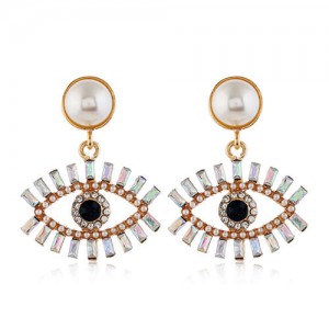 Rhinestone Fashion Eye Design Pendant Pearl Style Women Alloy Stud Earrings - White