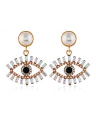 Rhinestone Fashion Eye Design Pendant Pearl Style Women Alloy Stud Earrings - White