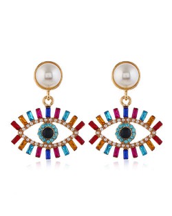 Rhinestone Fashion Eye Design Pendant Pearl Style Women Alloy Stud Earrings - Multicolor