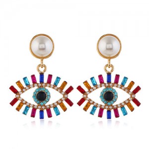 Rhinestone Fashion Eye Design Pendant Pearl Style Women Alloy Stud Earrings - Multicolor