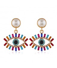 Rhinestone Fashion Eye Design Pendant Pearl Style Women Alloy Stud Earrings - Multicolor