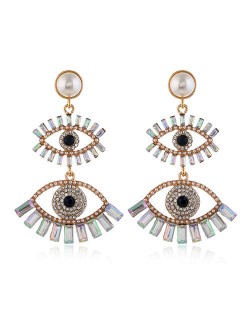 Dual Fashion Eyes Rhinestone Glistening Style Dangling Women Stud Earrings - Luminous White