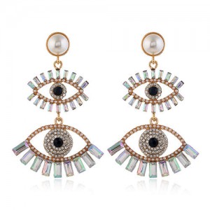 Dual Fashion Eyes Rhinestone Glistening Style Dangling Women Stud Earrings - Luminous White