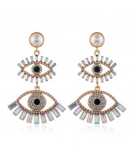 Dual Fashion Eyes Rhinestone Glistening Style Dangling Women Stud Earrings - Luminous White