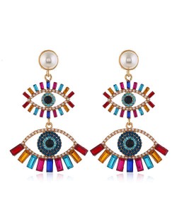 Dual Fashion Eyes Rhinestone Glistening Style Dangling Women Stud Earrings - Multicolor