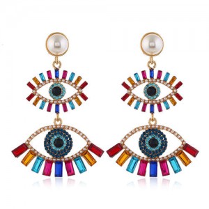 Dual Fashion Eyes Rhinestone Glistening Style Dangling Women Stud Earrings - Multicolor
