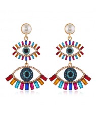 Dual Fashion Eyes Rhinestone Glistening Style Dangling Women Stud Earrings - Multicolor
